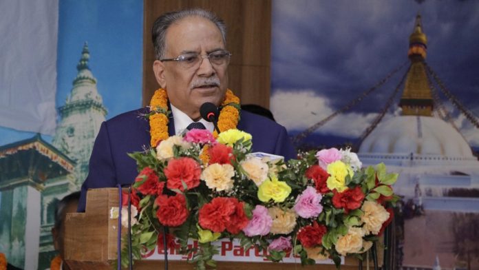 prachanda सत्तारुढ गठबन्धनले मंगलबार ललितपुरमा आयोजना गरेको अगुवा कार्यकर्ता भेलालाई सम्बोधन गर्नुहुँदै नेकपा (माओवादी केन्द्र)का अध्यक्ष पुष्पकमल दाहाल। तस्बिर : केशब गुरुङ